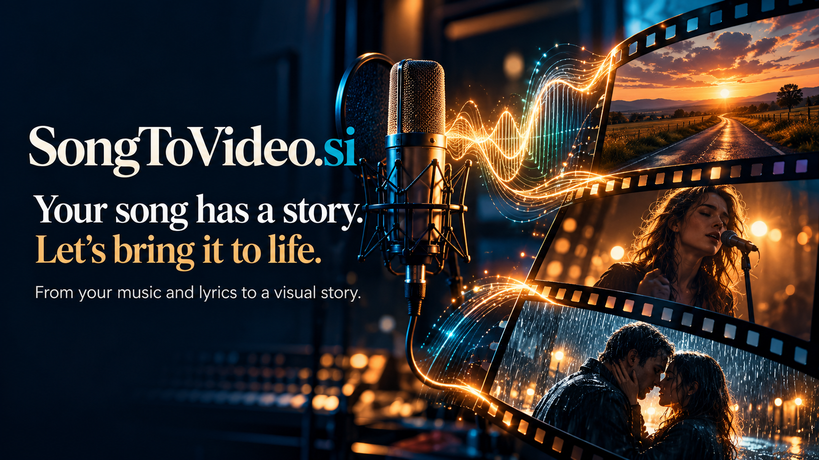 SongToVideo.si. Your song has a story. Let’s bring it to life. A studio microphone sends glowing sound waves into a filmstrip of visual stories.